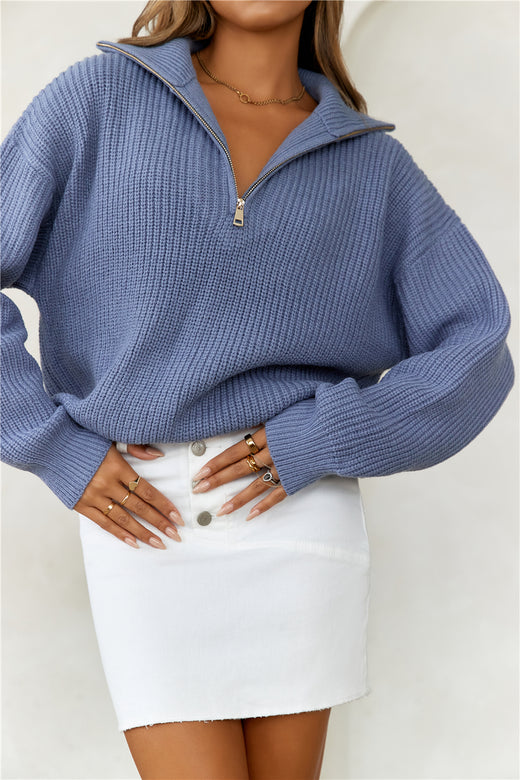 HELLO MOLLY Snowfall Knitted Half Zip Jumper Blue